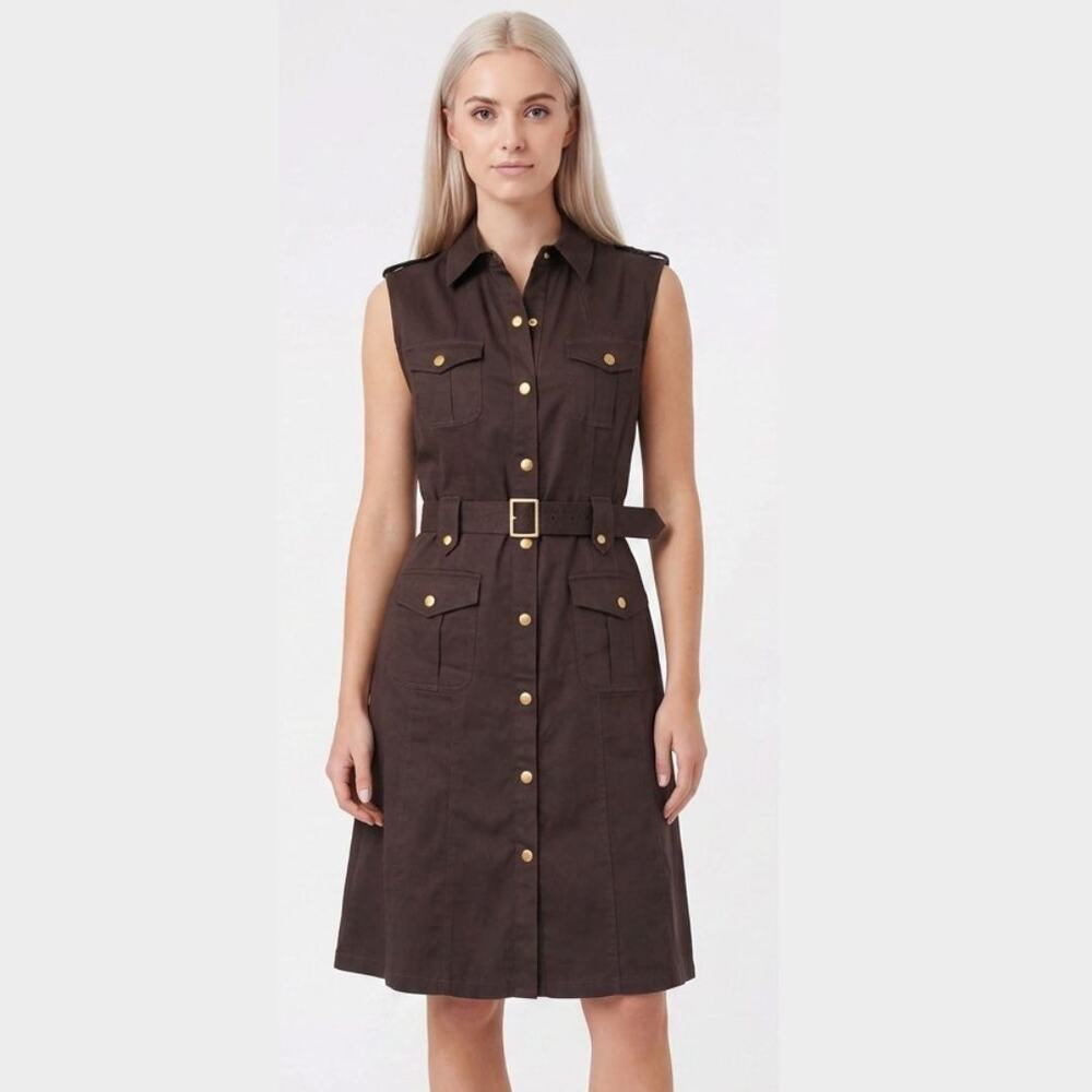 Calvin Klein Safari Dress Size 10 Brown Sleeveless Utility Belted Cargo Midi